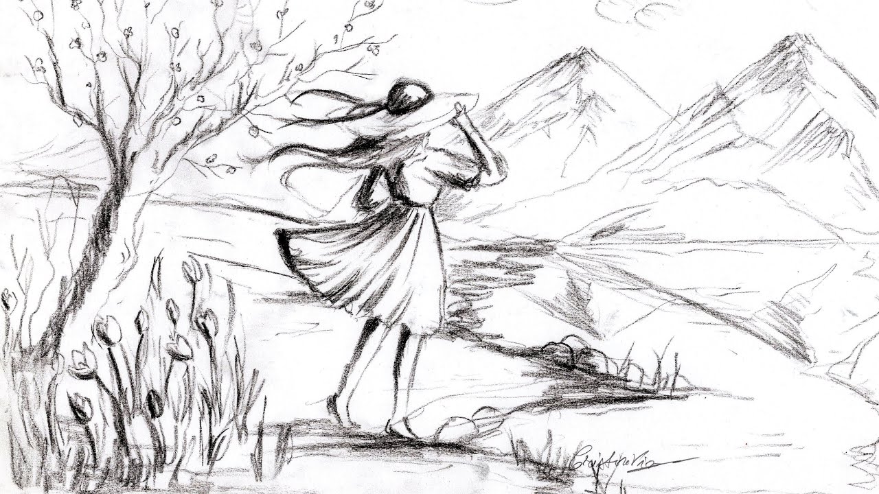 Desen in creion cu peisaj de primavara - Desen cu o fata - How to draw a girl in pencil