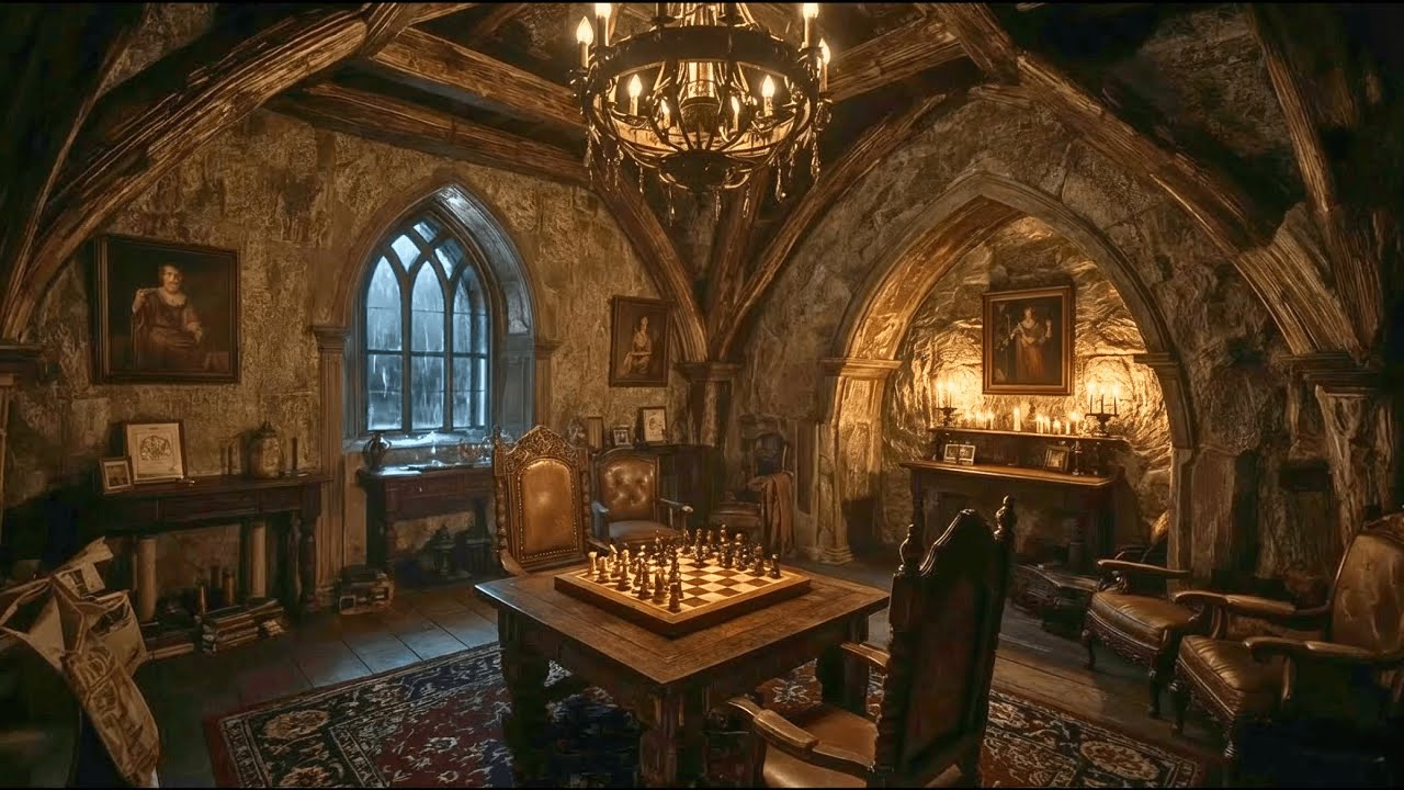 Thunderstorm in a Stone Chess Room | Medieval Castle Ambience for Focus and Tranquility ASMR