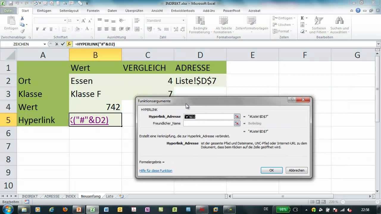 Excel - HYPERLINK - variable Verlinkung auf Zellen einer Matrix
