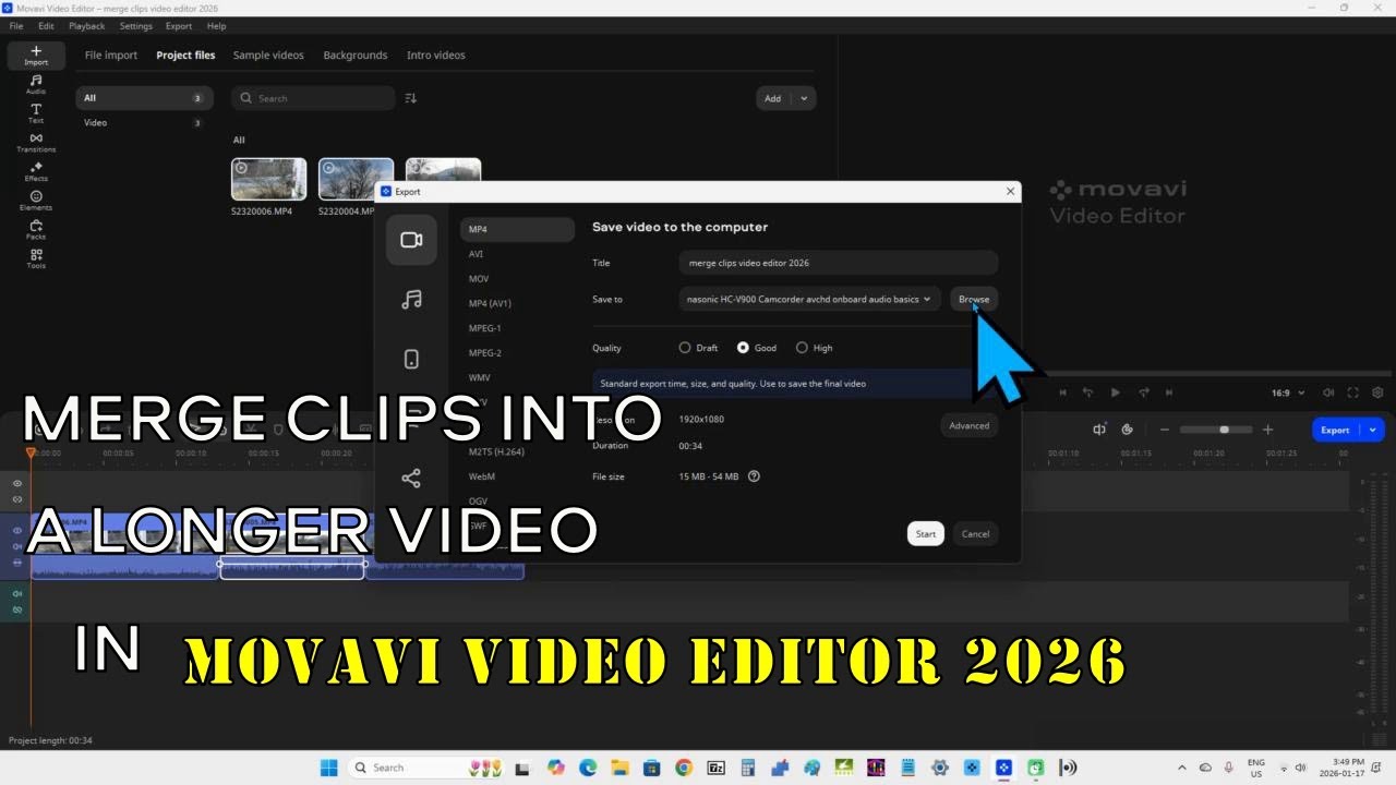 Merge clips into a longer video file in Movavi Video Editor 2026