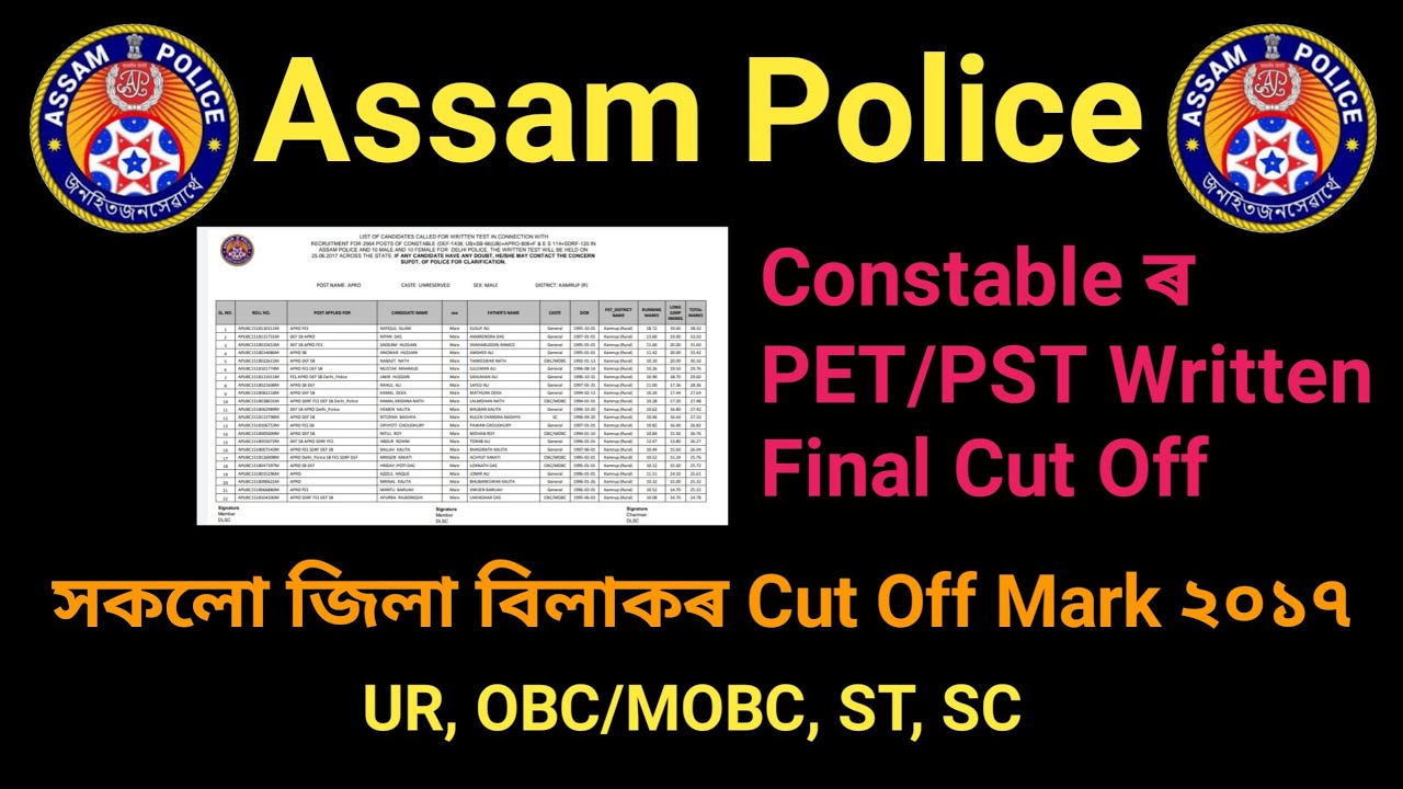 Assam Police Final Cut Off Mark 2017 ! Assam Police Constable District Wise Final Cut Off Marks