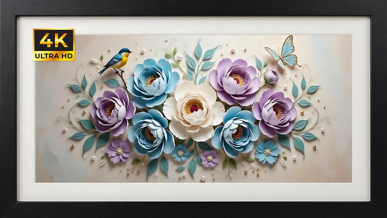 Delicate Pastel Paper Flowers with Bird & Butterfly | 4K Art Screensaver |  Floral TV Wallpaper