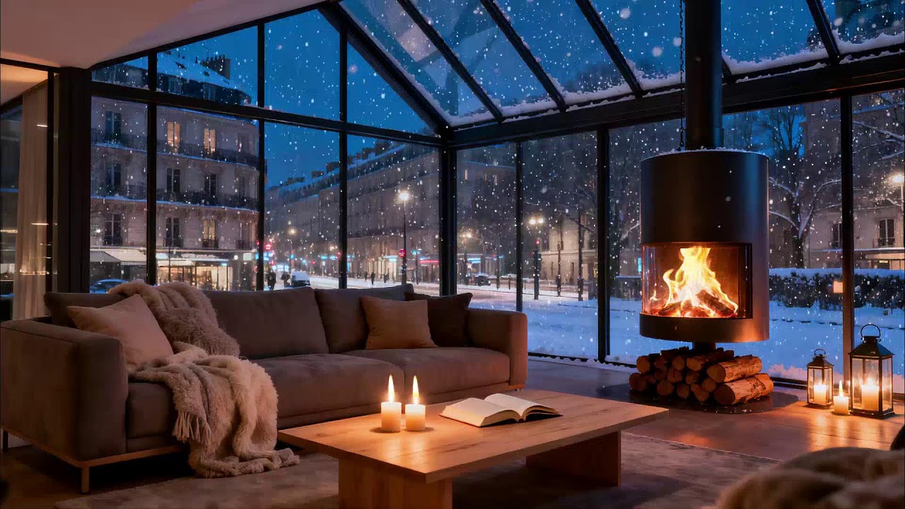 Snowy Streets at Blue Hour 🔥 Modern Apartment Fireplace Ambience
