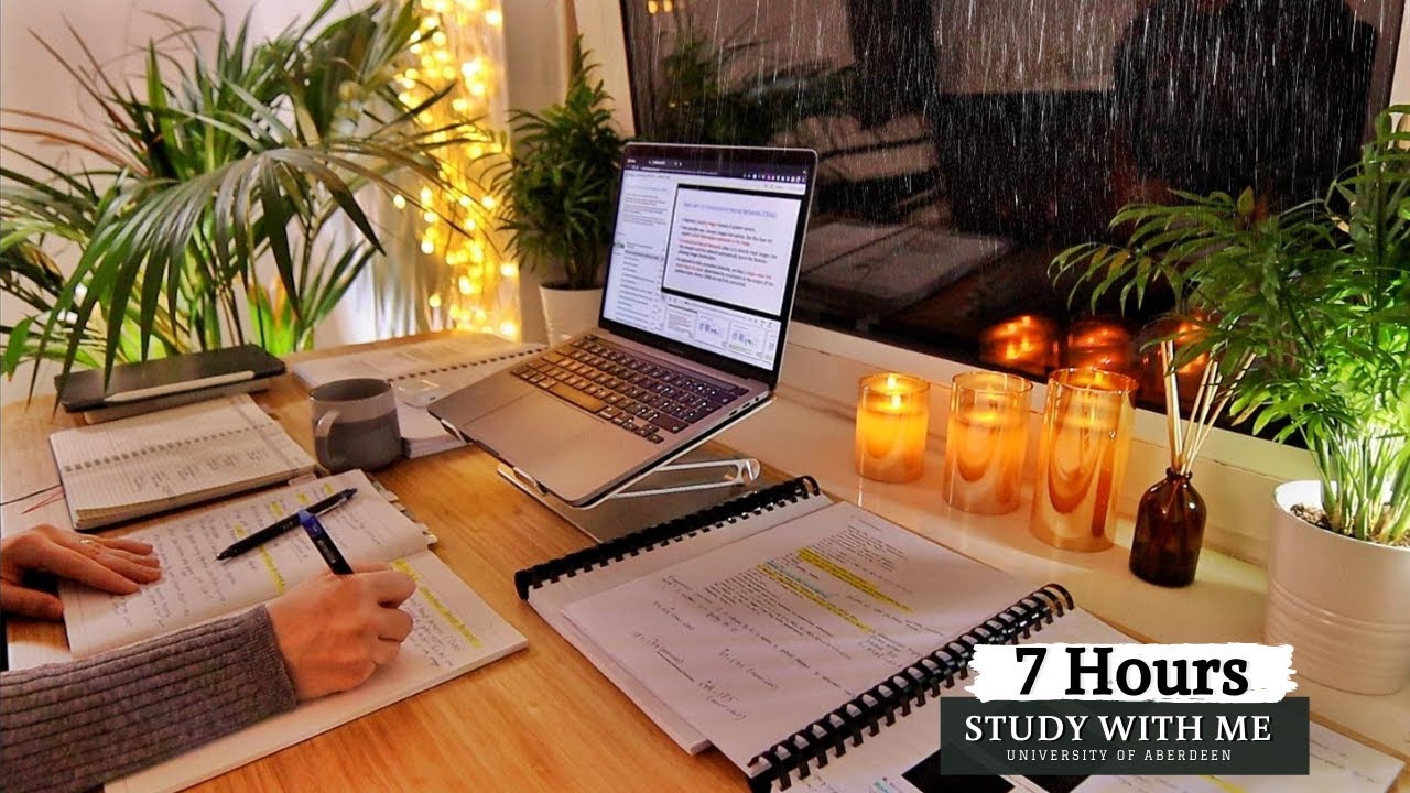 7 HOUR STUDY WITH ME  on a RAINY NIGHT | Background noise, 10-min Break, No music, Study with Merve