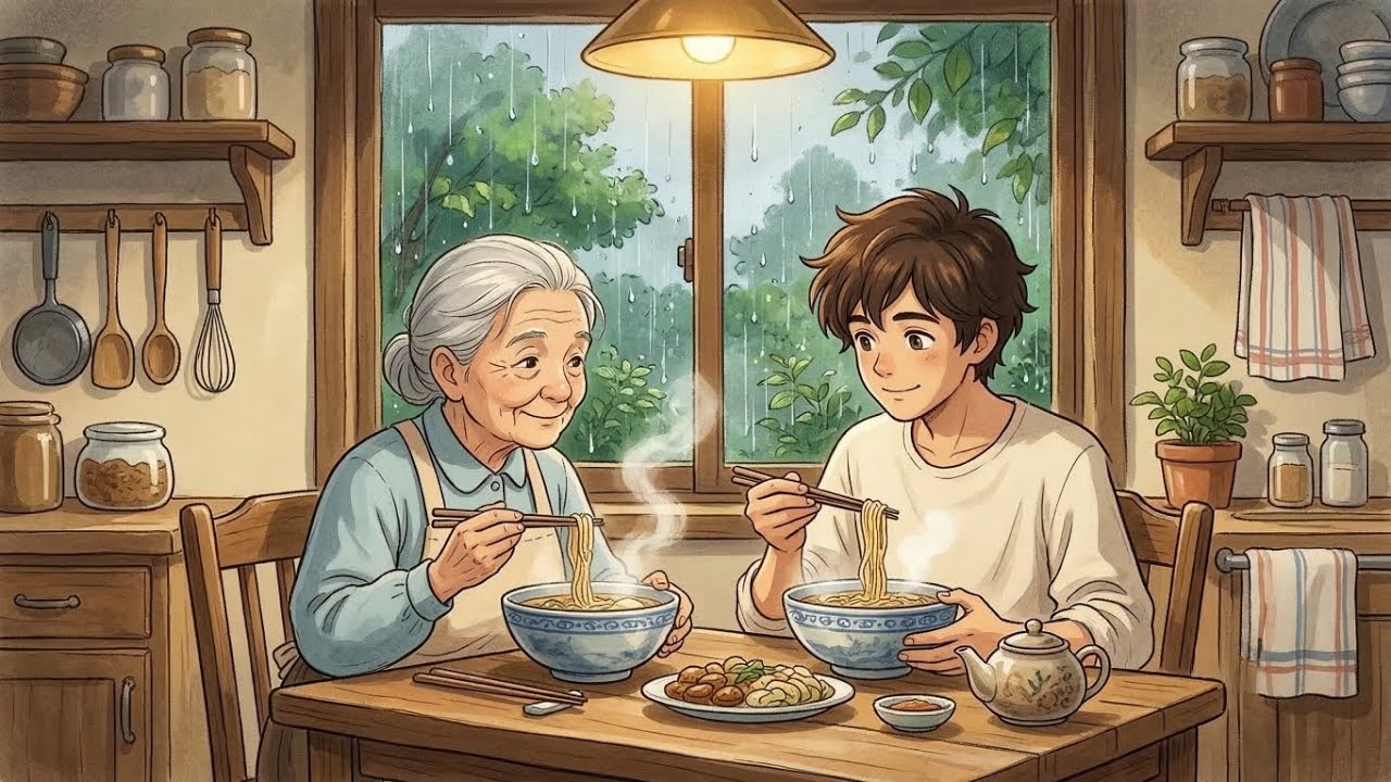 Rainy Afternoon at Grandma’s Wooden House | Cozy Noodle Cooking & Quiet Garden Sounds 