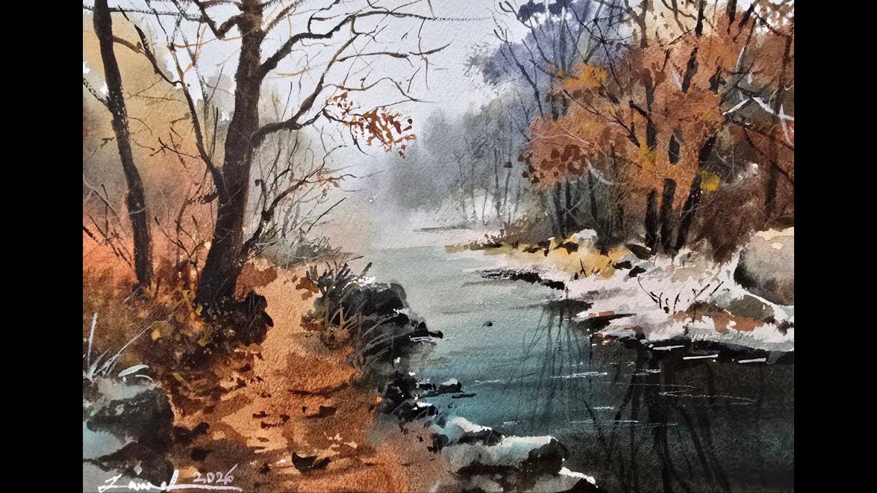 Осенняя лесная река. Акварель, шаг за шагом.