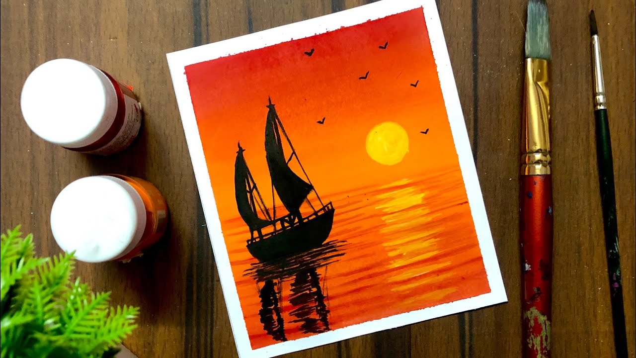 Easy Sunset Poster Colour Painting for Beginners | Simple Painting Ideas | Sailboat Scenery