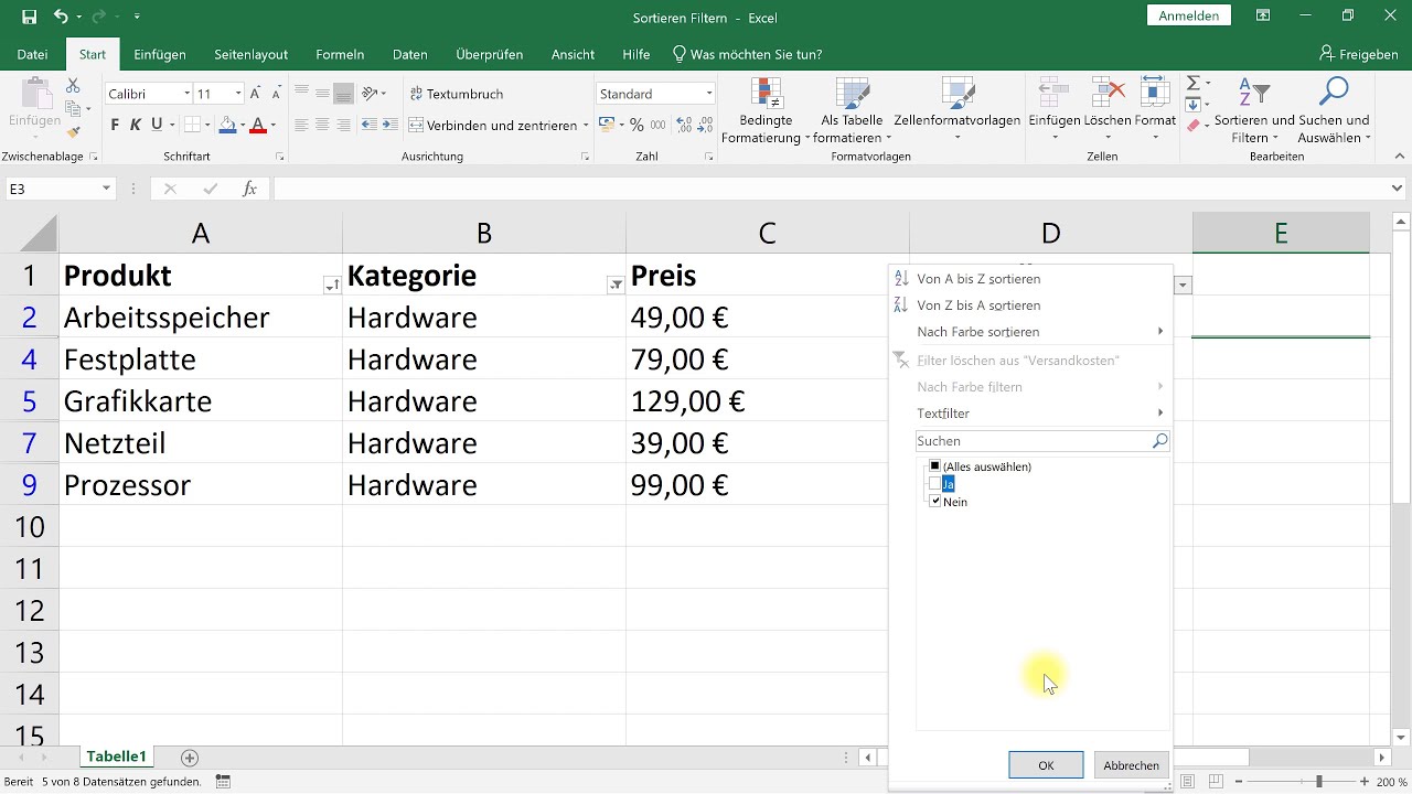 Sortieren und Filtern &ndash; Excel-Tutorial
