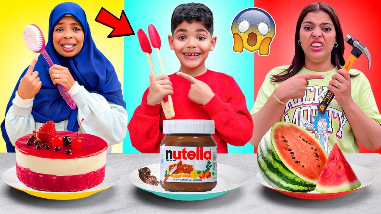 اخيرا..قضينا 24 ساعة ‼ ناكل بادوات غريبة وغامضة🛠️( نوتيلا  بالمطرقة 🤢)