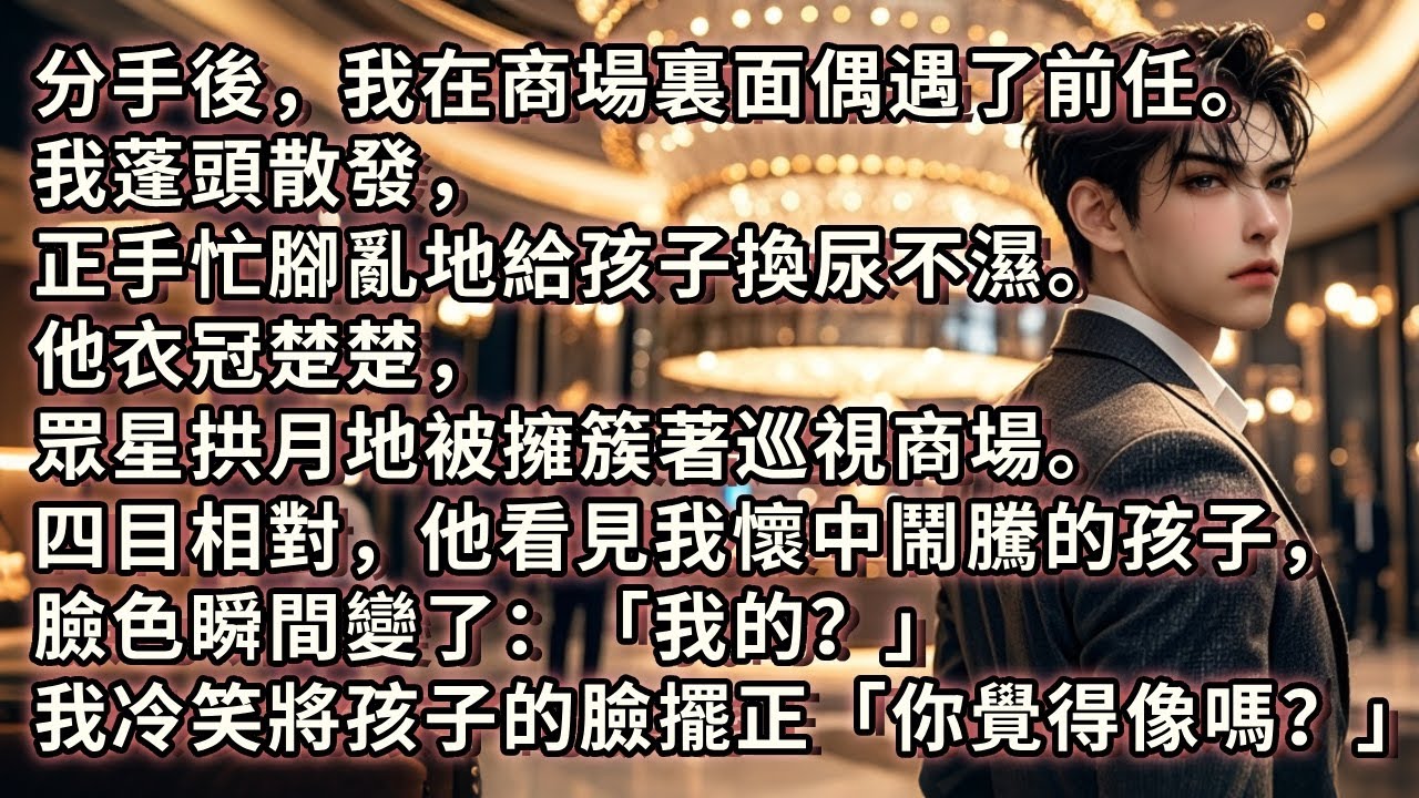 分手後，我在商場裏偶遇前任。我正手忙腳亂地給孩子換尿不濕。他衣冠楚楚，眾星拱月地被擁簇著巡視商場。四目相對，他看見我懷中鬧騰的孩子，臉色瞬間變了「我的？」我冷笑著將孩子的臉擺正了對他「你覺得像嗎？」