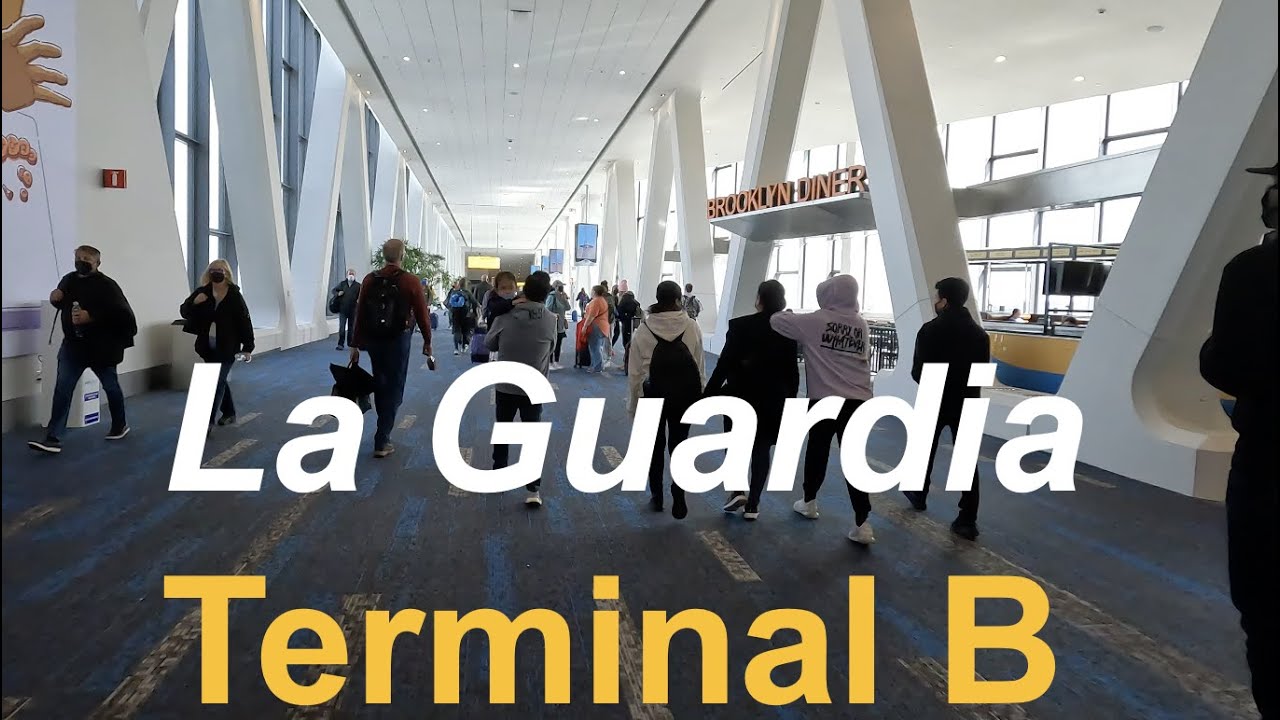 New York LGA La Guardia Airport Terminal B - Departures walk through & apron views