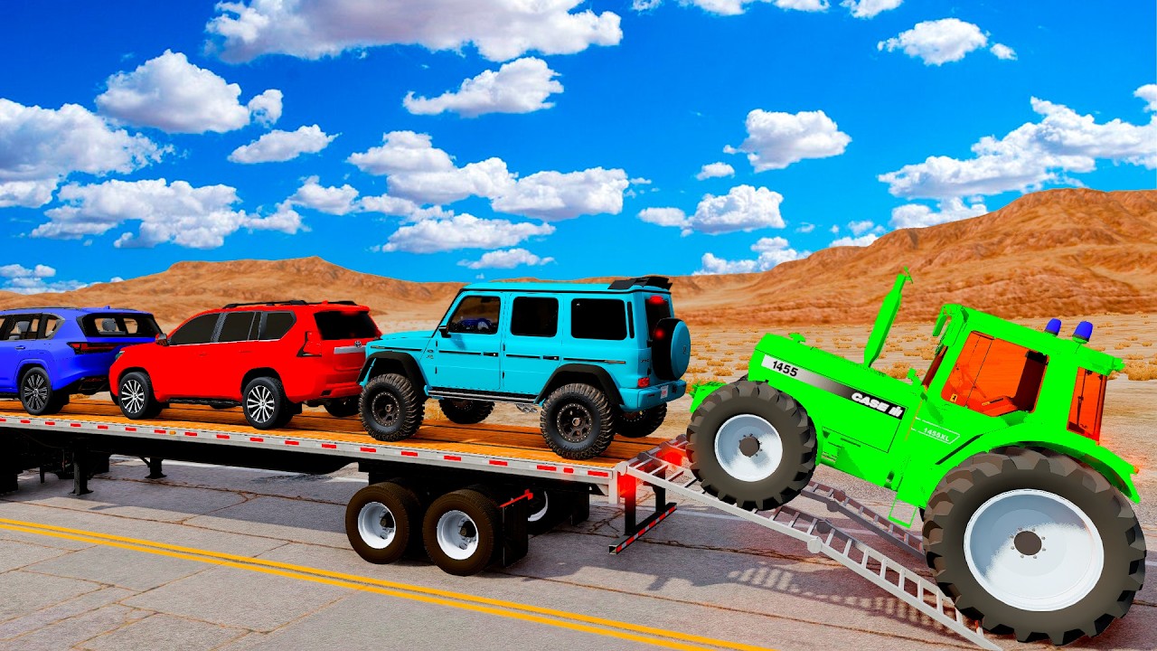 TRANSPORTING PIXAR CARS & FRUITS WITH COLORED & JOHN DEERE vs CLAAS vs TRACTORS - BeamNG.drive