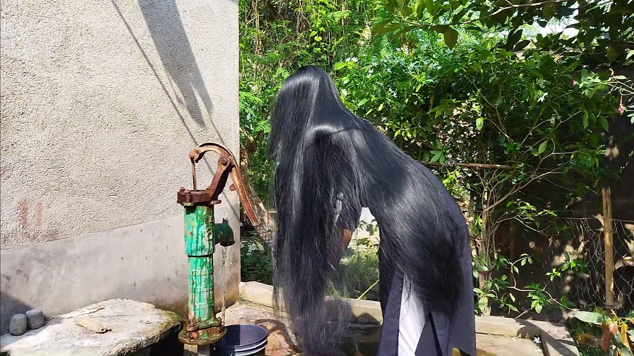 Water Hand Pump Pumping For Open Sinning Long Hair Indian Beautiful Girl |