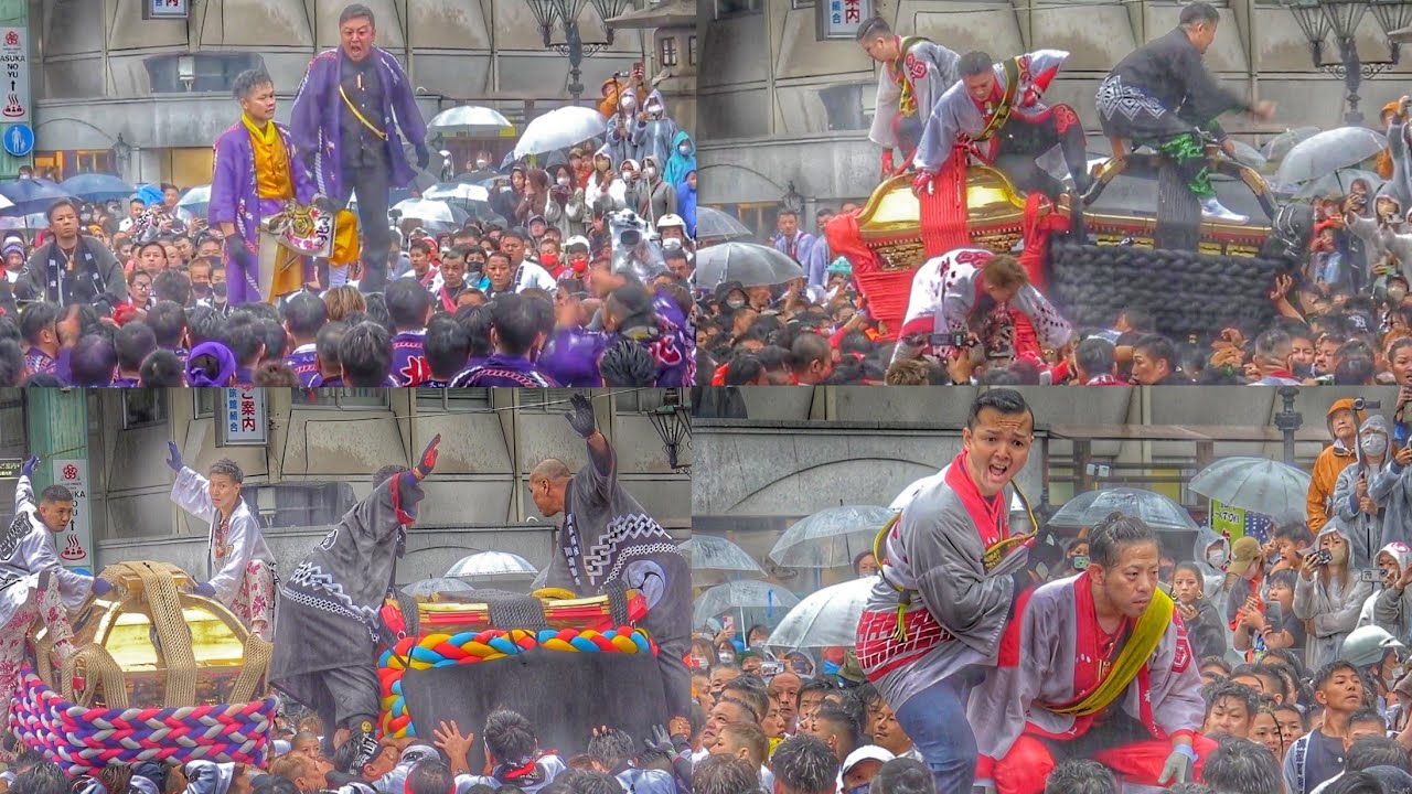 松山秋祭り2022 大神輿 鉢合わせ 喧嘩神輿 道後温泉駅前 （道後村大神輿・湯之町大神輿・築山大神輿・小唐人大神輿・北小唐人大神輿・溝辺町大神輿）