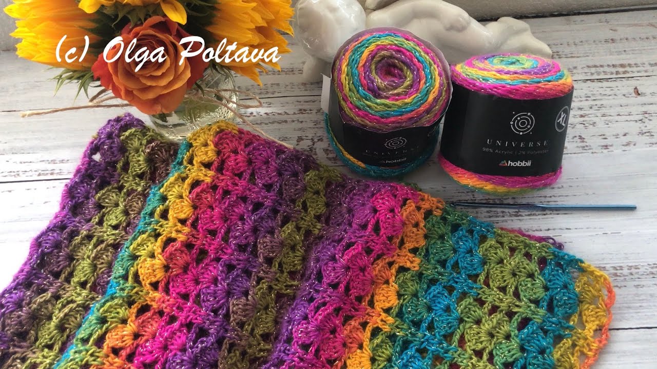 Hobbii Univirse XL Scarf, Two Skeins Lacy Scarf Easy Pattern, One Row Repeat, Crochet Video Tutorial