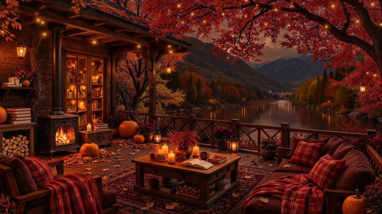 Pumpkin-Lit Lakeside Porch Ambience 🎃 | Soft Fall Jazz Music & Fireplace Glow for a Peaceful Night