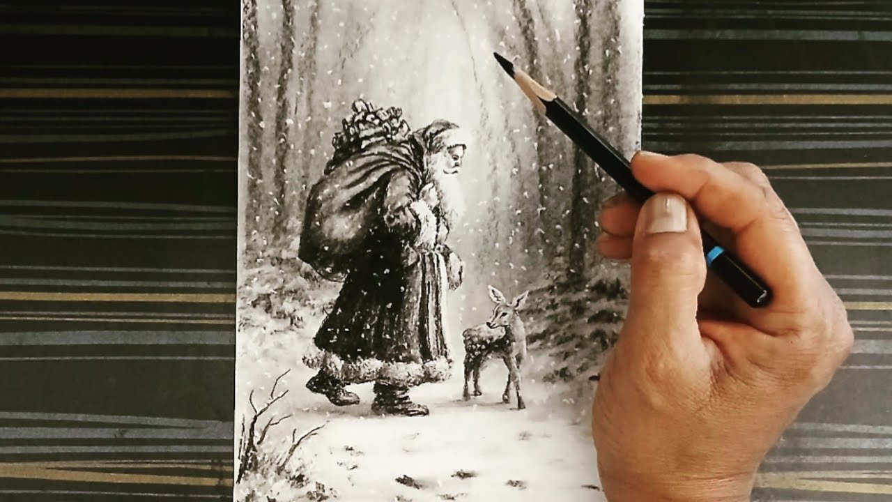 Christmas season/ snowfall landscape santa cluas with deer drawing by pencil easy.