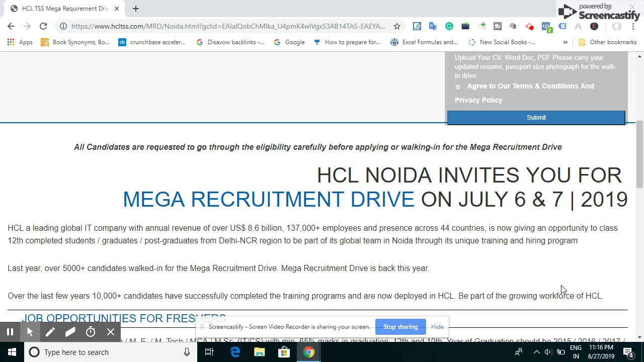 HCL Mega Recruitment Drive 2019 for Btech Mtech Graduate 12th Pass Freshers