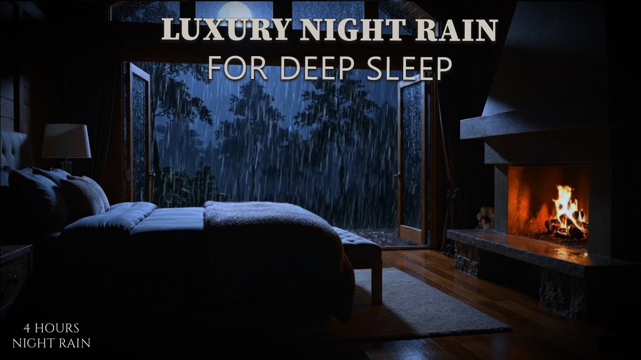 Powerful Night Rain and Fireplace Crackling for Sleeping | Dark Luxury Sleep Sounds