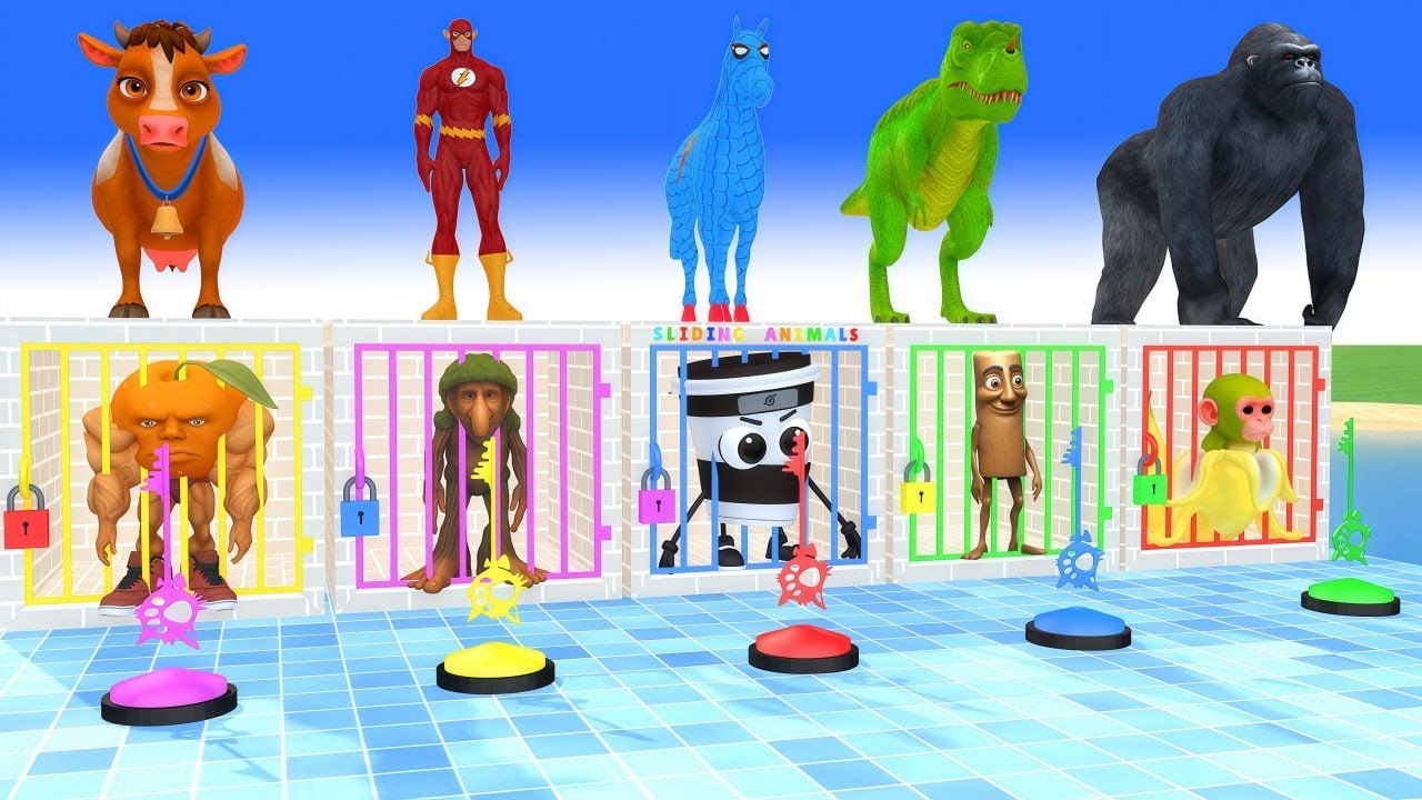 Long Slide Game With Cow Elephant Gorilla Hippopotamus Tiger - 3d Animal Game - Funny 3d Animals