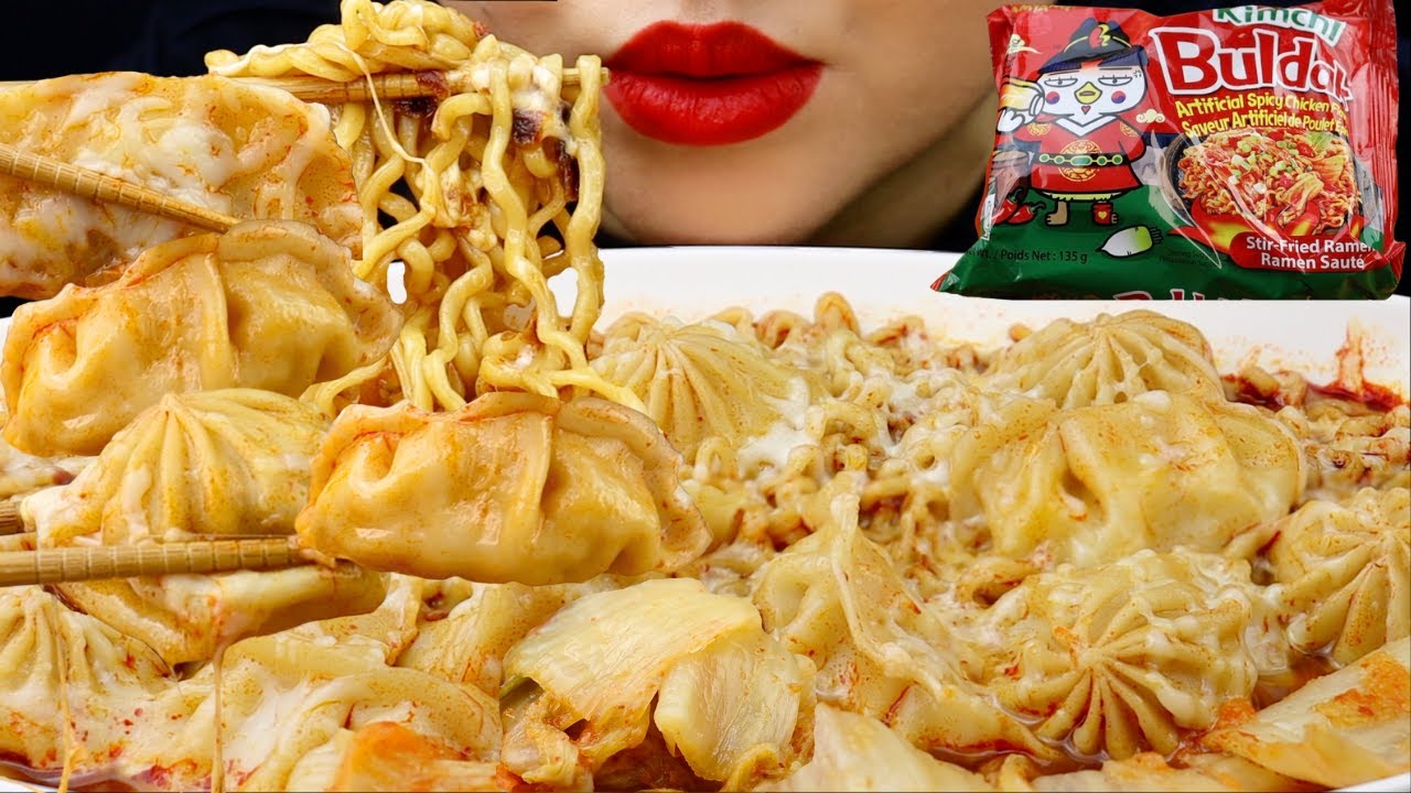 ASMR Cheesy Kimchi Ramen Soup & Soup Dumplings Eating Sounds | Juicy Dumplings & Slurping Noodles