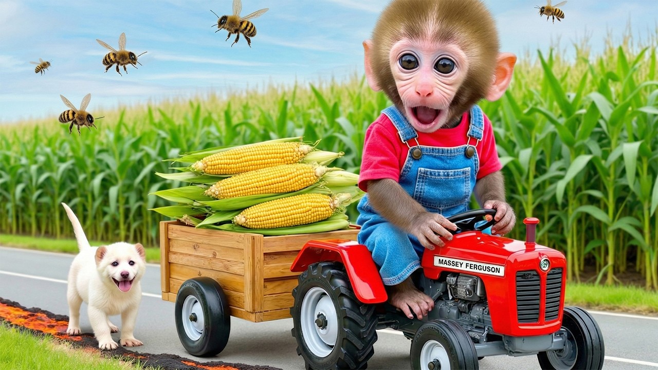 Rico Monkey Driving Tractor Through the Corn Field with a Cute Puppy and Busy Bees 🐒🐝🚜