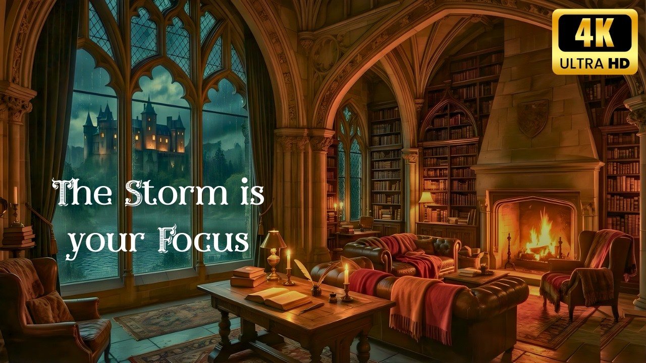 📚 Gothic Library in a Thunderstorm — Rain Sounds for Studying, Reading & Deep Focus | No Music
