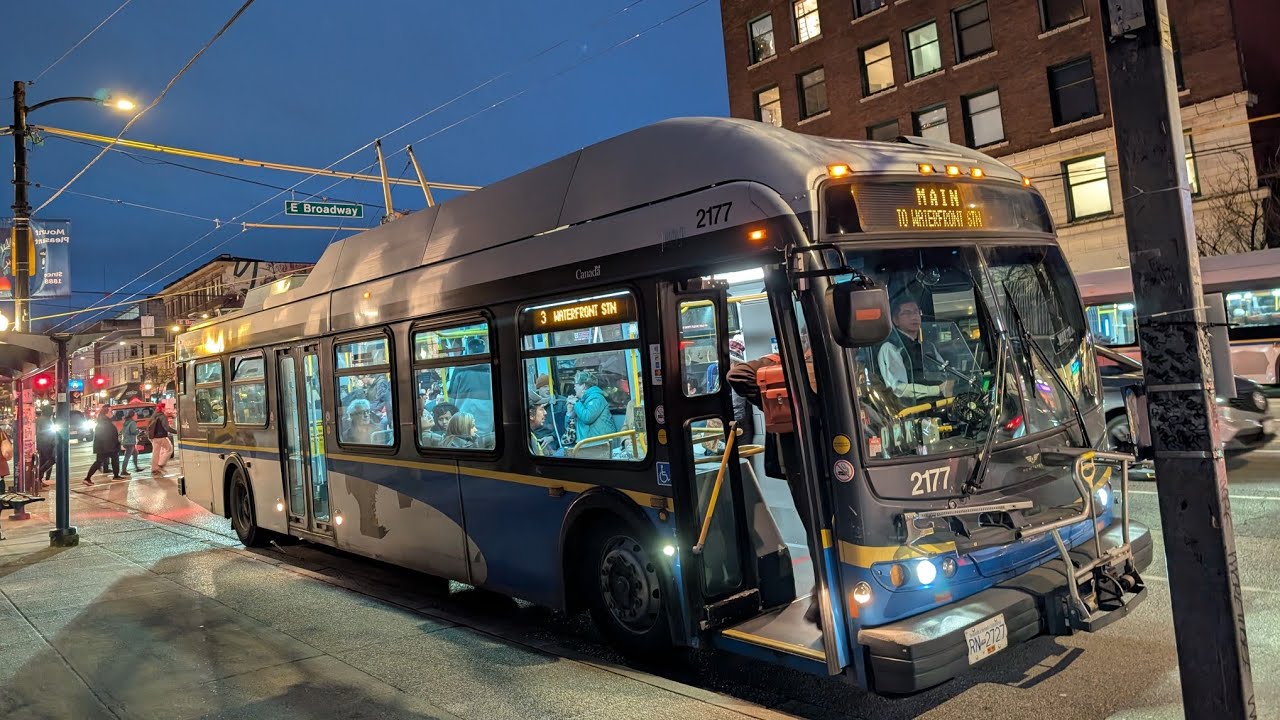 Translink CMBC 2177 on the 3 from Marine Drive Station to Mount Pleasant Station (Broadway & Main)