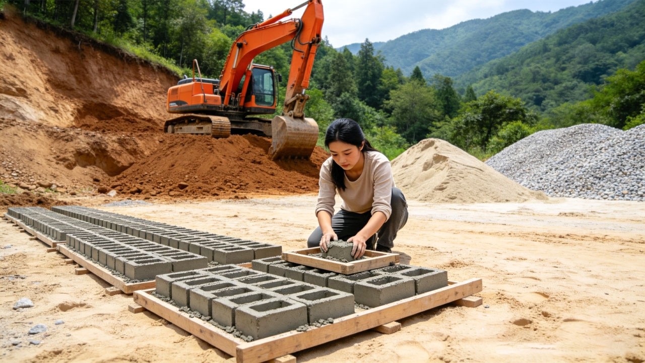 TIMELAPSE: A Talented Young Woman Produces Her Own Concrete Bricks to Build a Farm Water Tank.