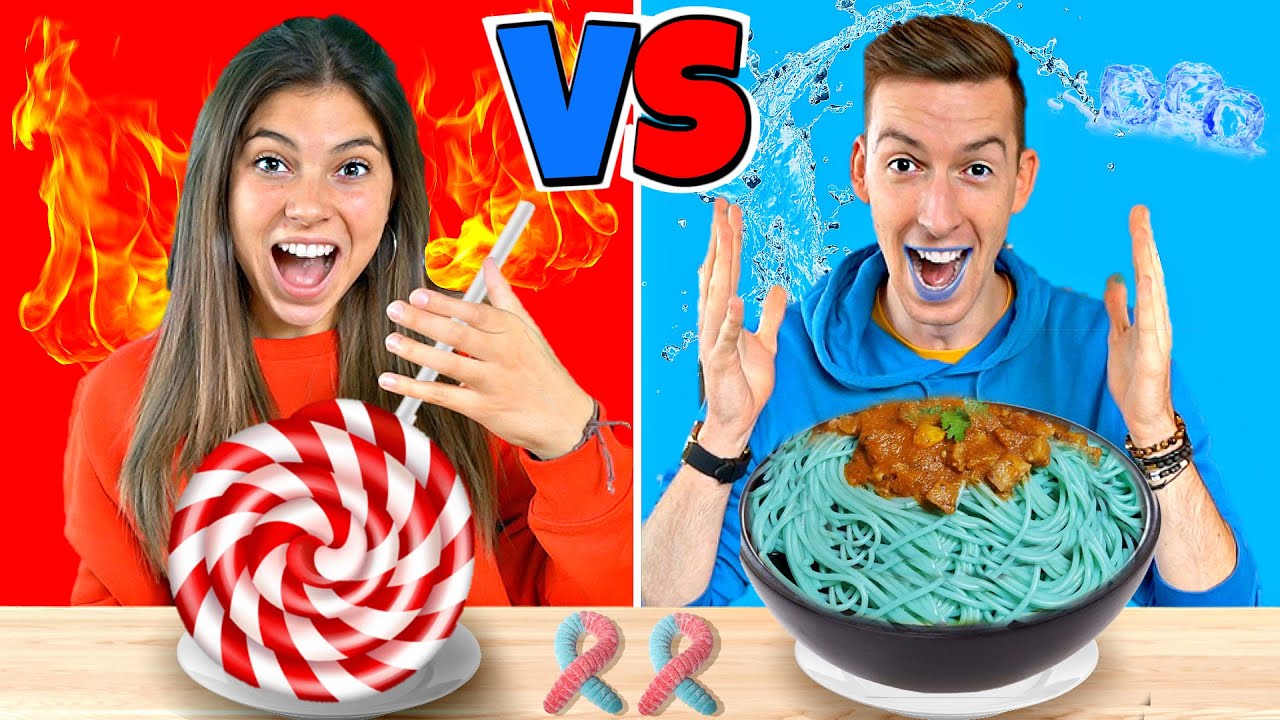 BLAUW VS ROOD VOEDSEL CHALLENGE - 24 UUR LANG ALLEEN MAAR 1 KLEUR VOEDSEL ETEN! #197