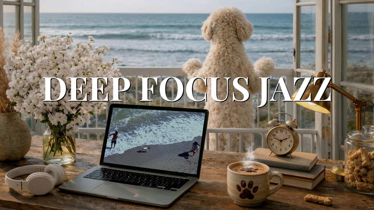 🐾 Deep Focus Jazz for Work & Study | Ocean View Workspace with Loyal Goldendoodle