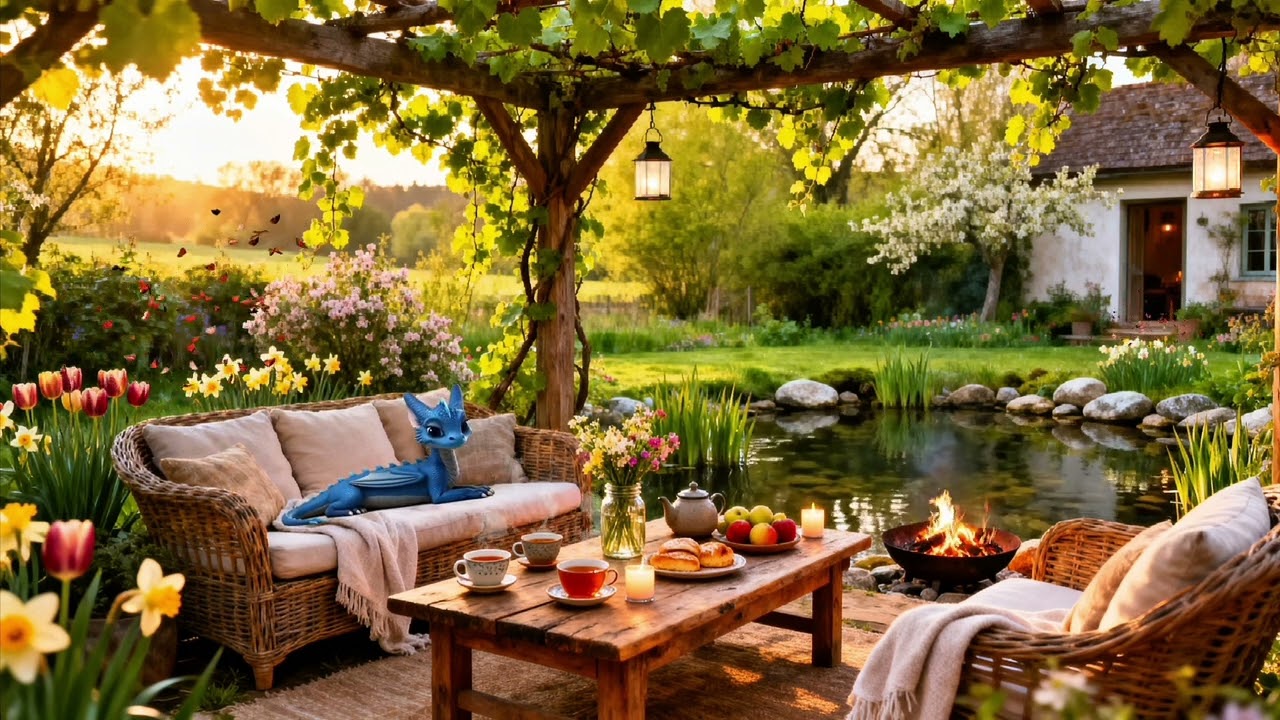 A Perfect Spring Evening 🌿 Cozy Garden Lounge by the Pond