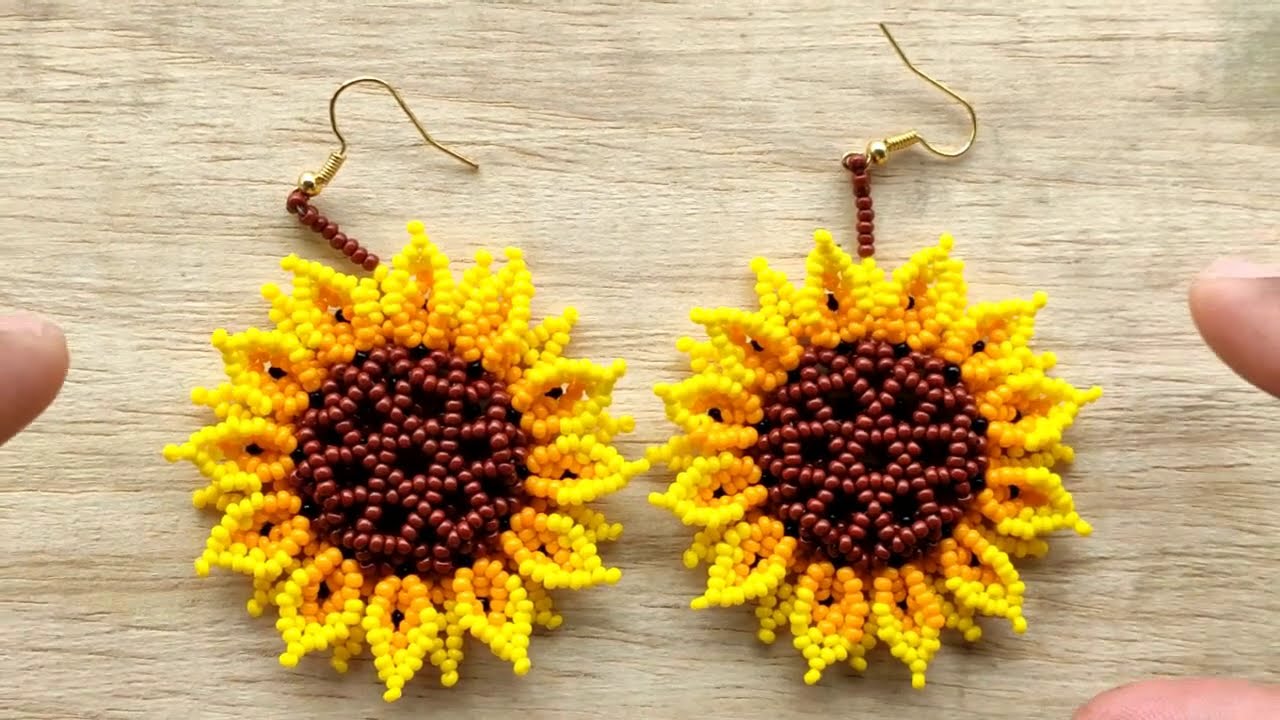 Aretes girasol 3D en chaquira o mostacilla.  PARTE 1