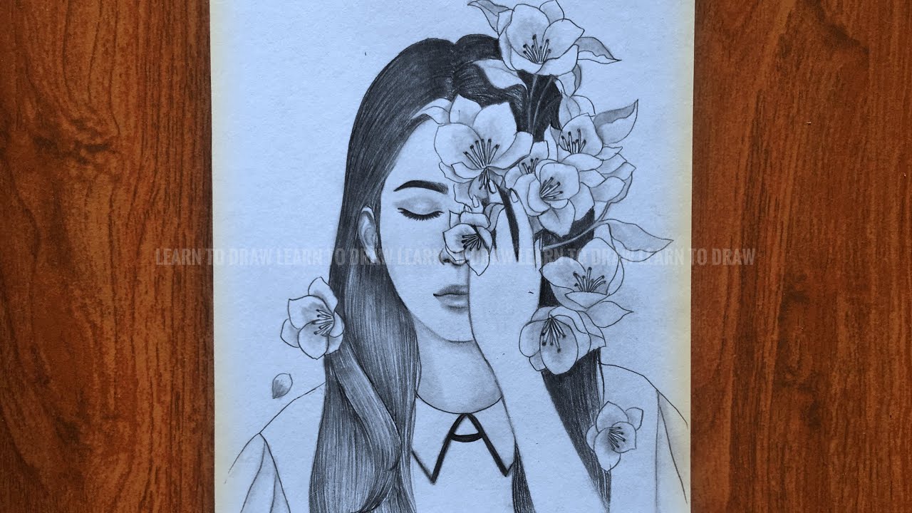 How to draw cute girl with flower || girl sketch || drawing for beginner || រៀនគូរ