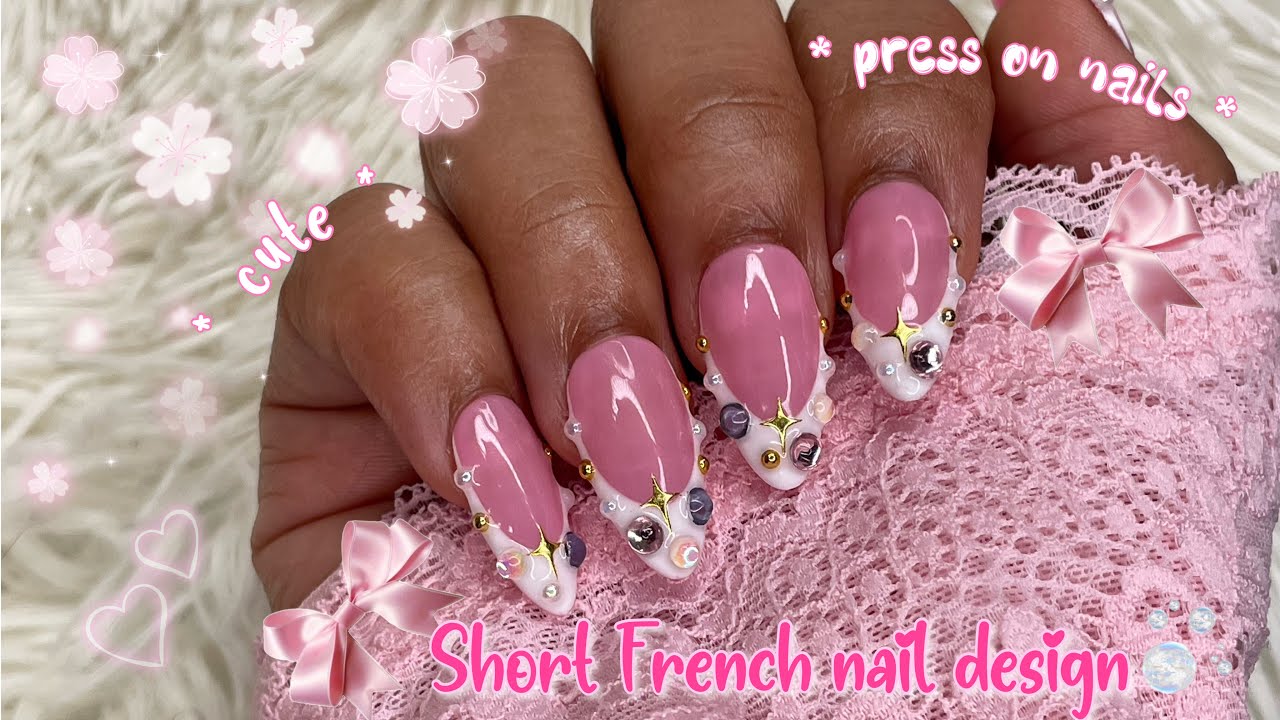 Cute nail design for short nails 🌸| French nails with rhinestones| #nails #nailart #shortnails 