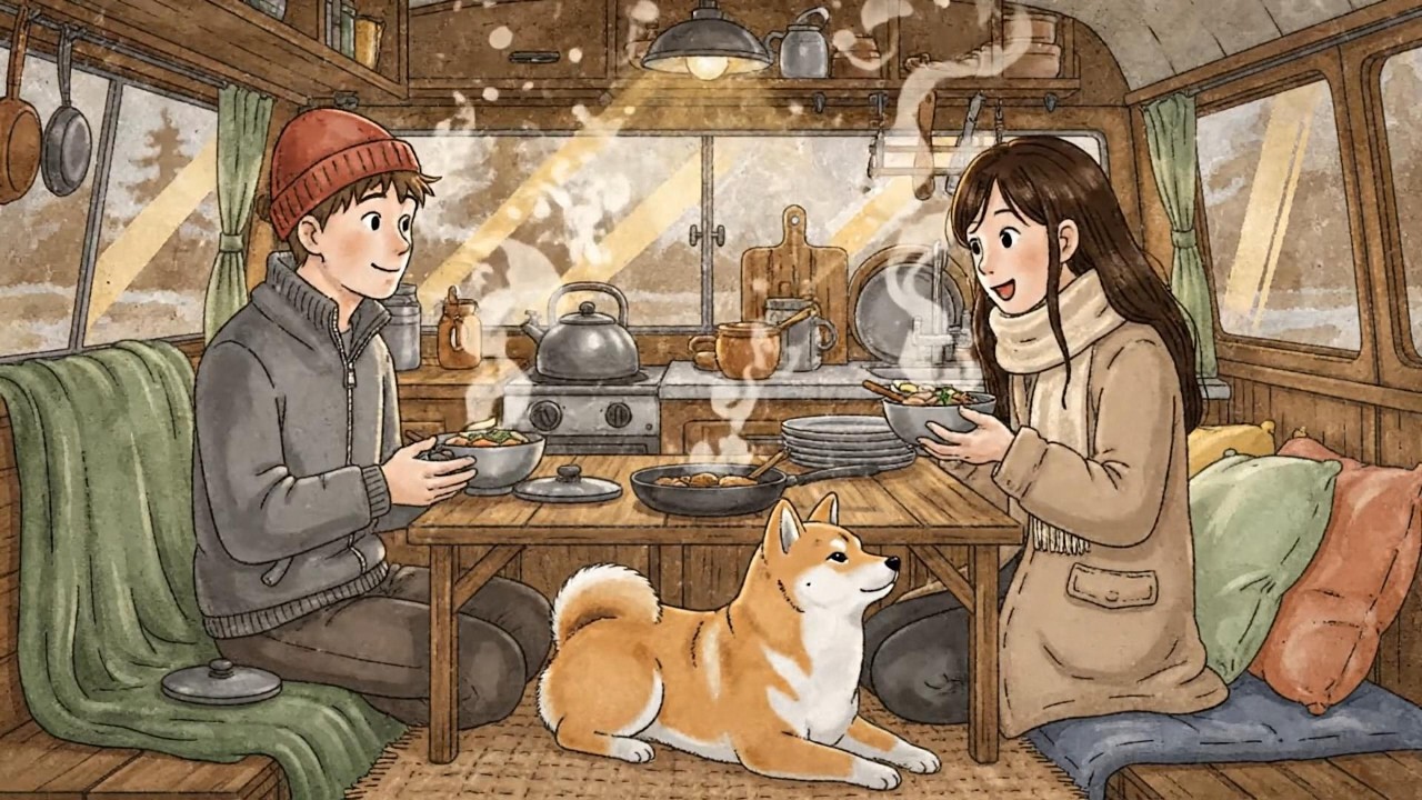 A Quiet Winter Van Camp — When Heavy Rain Turns to Snow - Ghibli Piano Relax