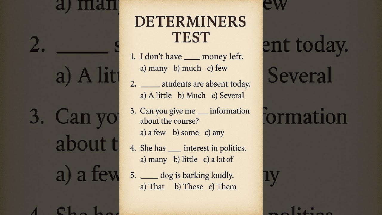 #DeterminersTest#EnglishGrammarQuiz#LearnDeterminers#EnglishGrammarTest#GrammarChallenge.