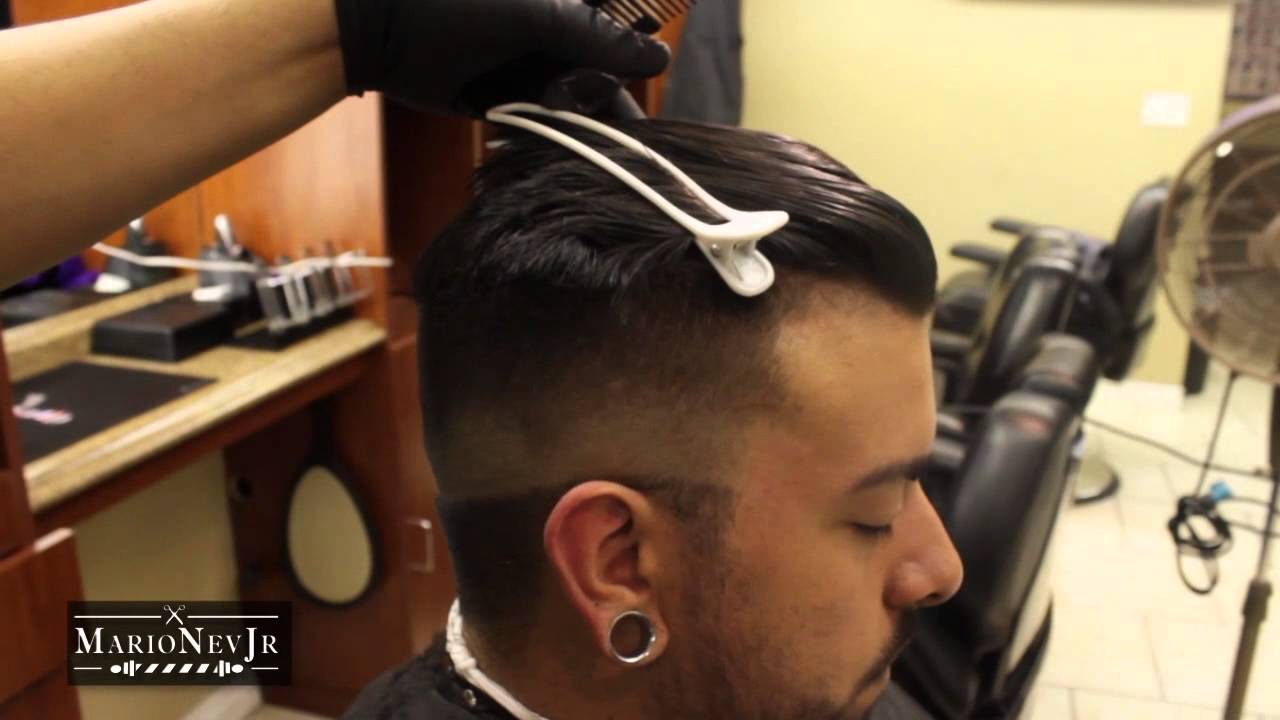 Slicked Back Pompadour with Bald Fade; pomp; scissor haircut; razor fade; side part