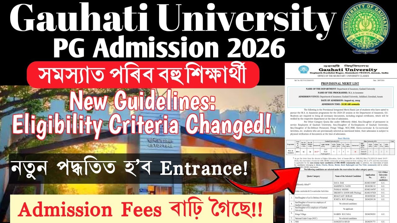 Gauhati University PG Entrance 2026|New Rules For PG Admission|Eligibility Criteria Changed!!