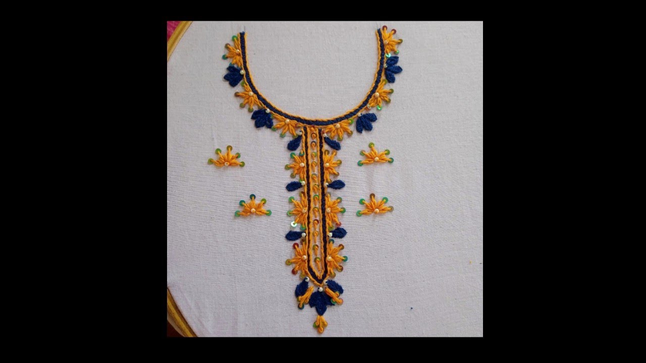 Beautiful  Neck Hand Embroidery Design With Lazy Daisy Stitch And Herring Bone Stitch For Beginners