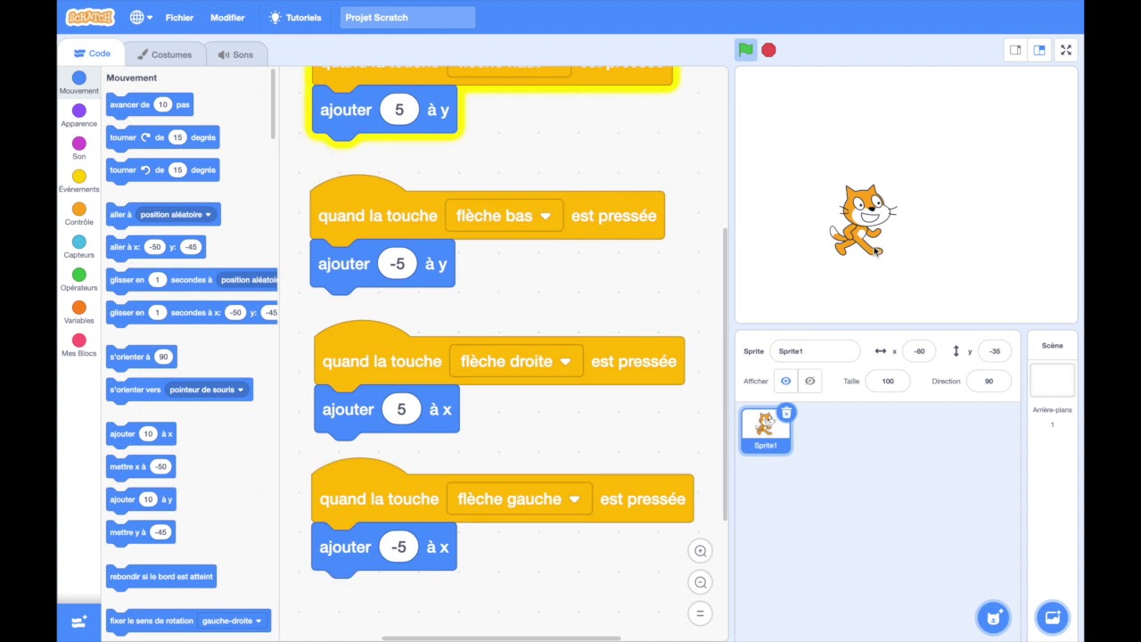 Scratch : contrôler les mouvements d'un sprite au clavier