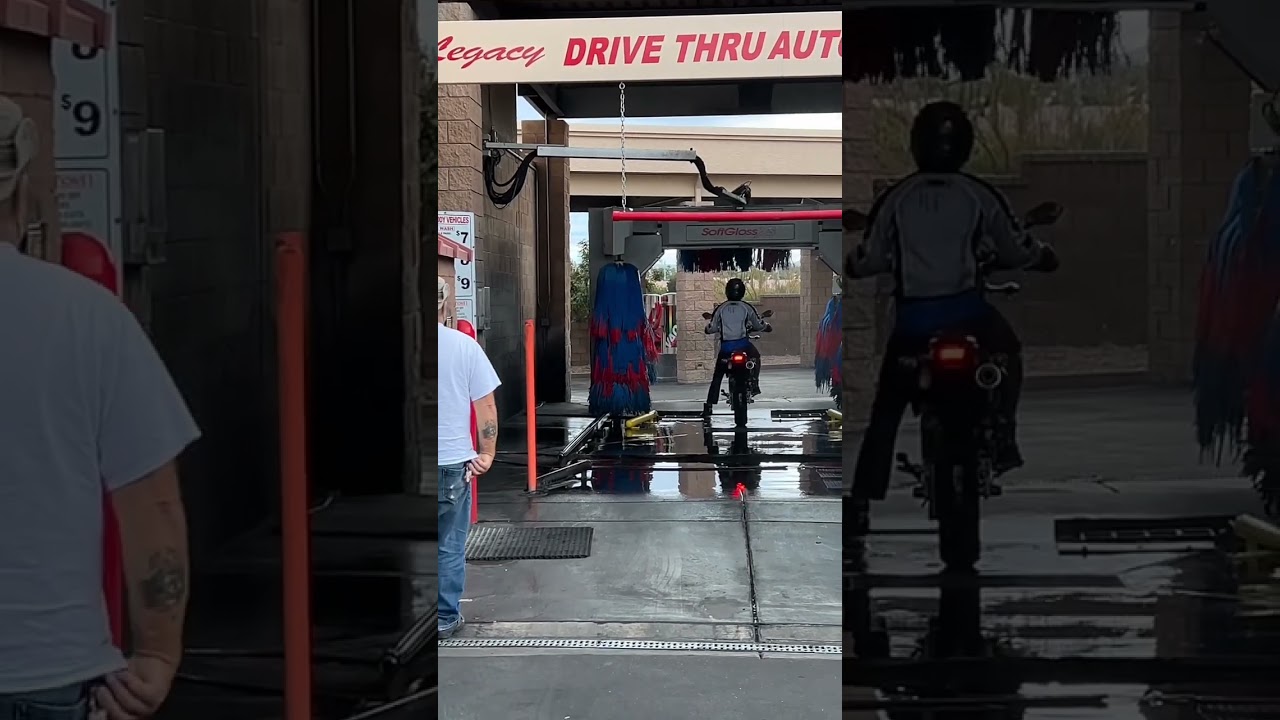 Motorcycle goes thru Car Wash🤣