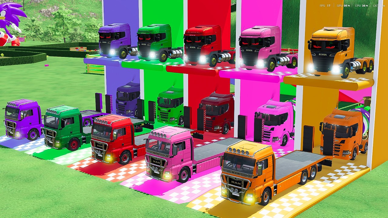 Garage with Colors ALL MIXER TRUCK WITH DOUBLE FLATBED TRAILER TRUCK, DAF, SCANIA, CAR OF COLOR FS22