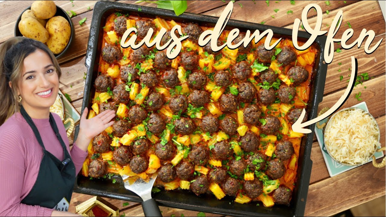 Hackbällchen aus dem Ofen mit Kartoffeln in Tomaten-Sahnesoße / Kartoffel-Hackfleisch Kebab