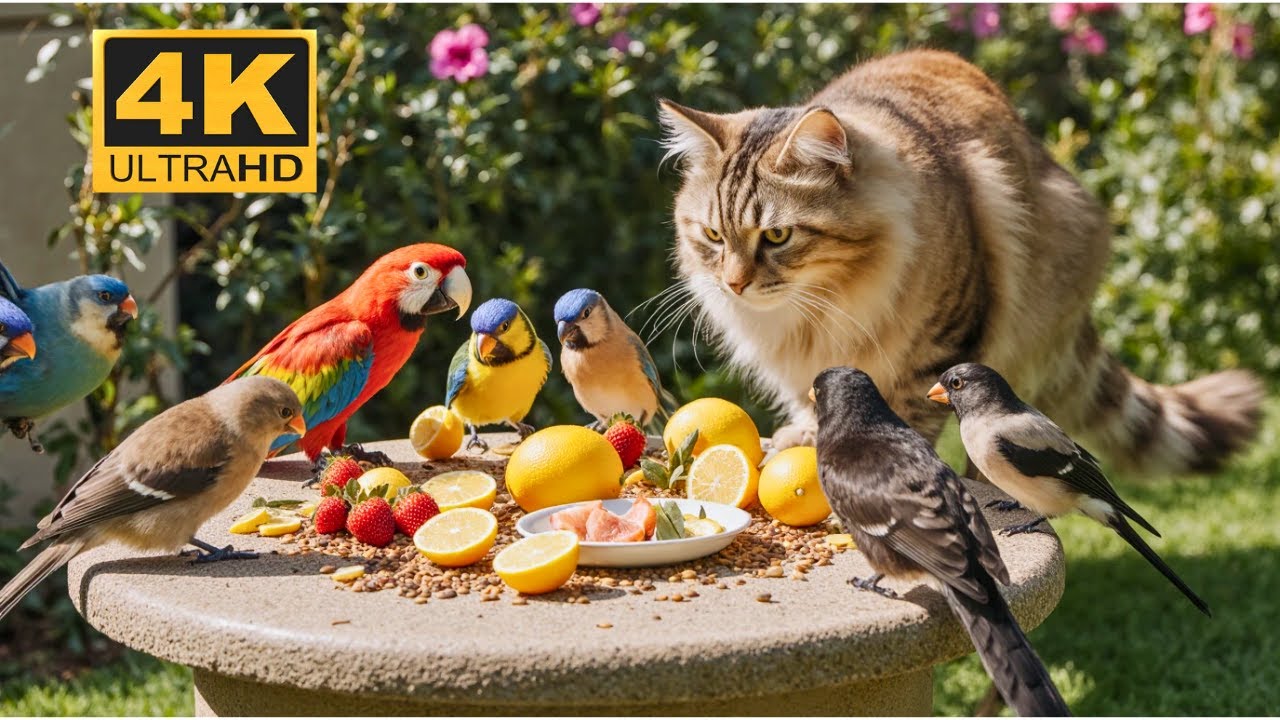 Cat TV for Cats Home Alone 😺 Squirrels and birds feast as one
