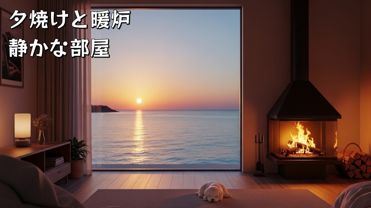 暖炉の音と海の夕焼け｜1時間 睡眠用ASMR・作業用BGM｜海辺の静かな部屋