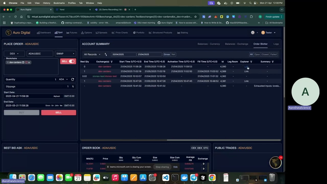 Auro Liquid Swap Demo: Market Order Trade on Cardano (ADA &rarr; USDC)