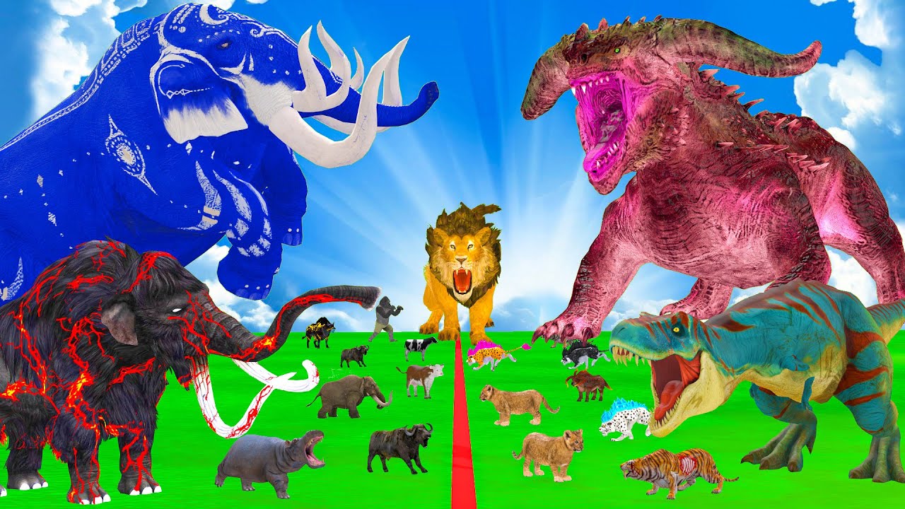 5 Giant Mammoth Elephant cow vs Zombie Indian Bison Dragon vs 5 Giant Lion Tiger Saved by Mammoth