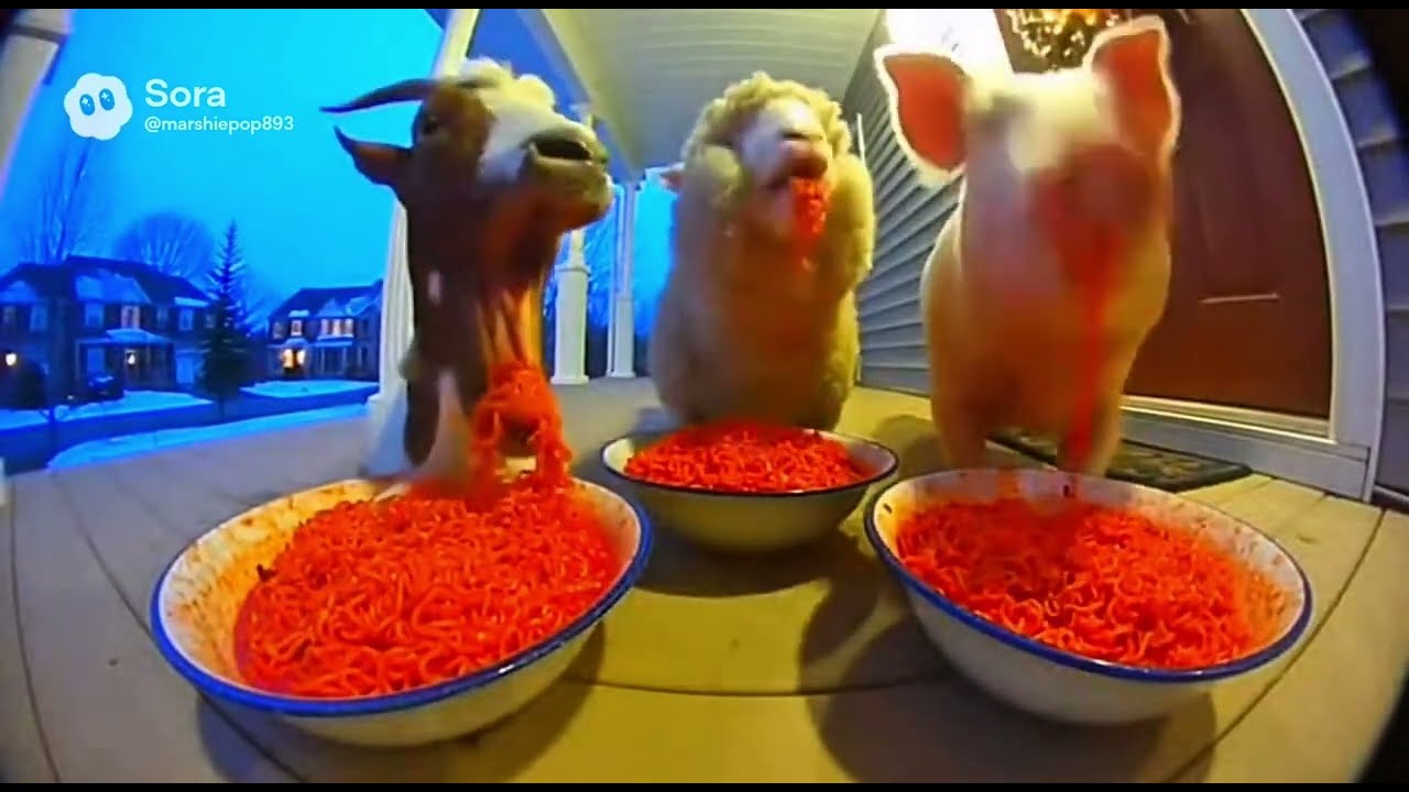 Animals react to SPICY noodles… caught on Ring camera