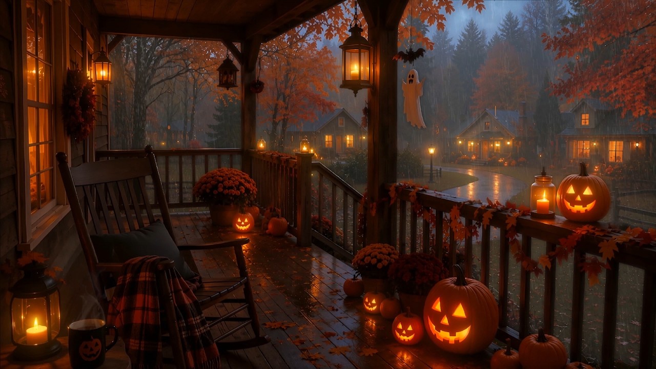 Village Autumn Night Halloween & Pumpkin Lights ⛈️ RainStorm Ambience by Candlelight For Deep Sleep